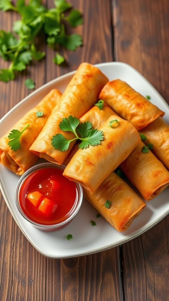 Crispy vegetable egg rolls on a plate with sweet chili sauce.